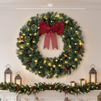 HOMCOM 36" Prelit Crestwood Spruce Artificial Christmas Wreath, Christmas Decor with Bow, 8 Modes, Red Berries, Pinecones(m-3)