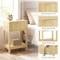 HOMCOM Modern Nightstand Set of 2, Slim Bedside Table with Drawer, Open Shelf and Built-in Charging for Bedroom, Oak(m-7)