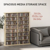 HOMCOM 8-Tier DVD Shelf with 12 Adjustable Shelves, Double CD Shelf, Holds 720 CDs, 396 DVDs or 396 Blu-rays, Natural Wood(m-4)