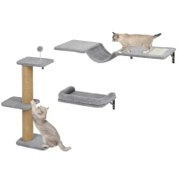 PawHut Cat Wall Shelves, 3-in-1 Wall-Mounted Cat Climber Set w/ Bed, Platforms, Hammock, Scratching Posts and Spring Ball(m-13)
