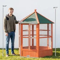 PawHut 69" Wooden Hexagonal Outdoor Aviary Flight Bird Cage With Covered Roof, Brown(m-3)