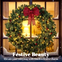 HOMCOM 48" Prelit Crestwood Spruce Artificial Christmas Wreath, Christmas Decor with Bow, 8 Modes, Red Berries, Pinecones(m-4)