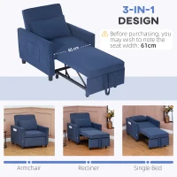 HOMCOM 3-in-1 Convertible Chair Bed, Pull Out Sofa Bed Sleeper Chair with Adjustable Backrest, Pillow, and Pockets, Blue(m-4)