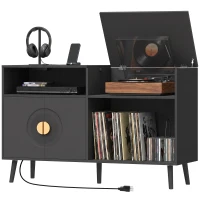 HOMCOM Record Player Stand with Power Outlets, Vinyl Record Holder with Storage Holds Up to 300 Albums, Black(m-2)