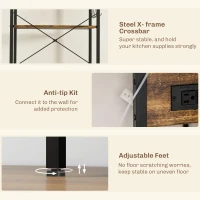 HOMCOM Kitchen Baker's Rack with Power Outlet, Coffee Bar Station with Adjustable Shelves and Hooks, Rustic Brown(m-7)