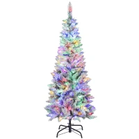 HOMCOM 5ft Flocked Christmas Tree with Dual Colour LED Light, Pencil Hinged Xmas Tree with 11 Light Modes, Easy Assembly(m-9)