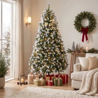 HOMCOM 7.5ft Pre-lit Artificial Christmas Tree White-Tipped Hinged Full Xmas Tree with 1378 Tips(m-10)