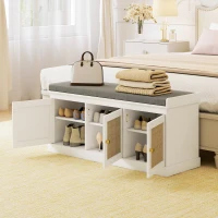 HOMCOM Shoe Storage Bench with Woven Rattan Doors, Shoe Bench with Cushion, Adjustable Shelves, Entryway Bench, White(m-8)