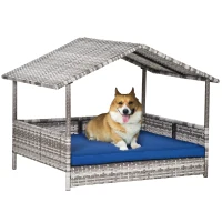 PawHut Rattan Dog House with Canopy, Wicker Dog Bed with Water-Resistant Cushion, for Small and Medium Breeds Dark Blue(m-9)