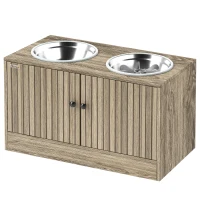 PawHut Elevated Dog Bowls with Storage Cabinet,  2 Stainless Steel Bowls, Slow Feeder, Dog Feeding Station for Large Dogs, Brown Wood Grain(m-1)