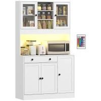 HOMCOM Tall Kitchen Pantry with LED Light, Freestanding Storage Cabinet with Hutch, Shelves, Drawer, Doors, White(m-9)
