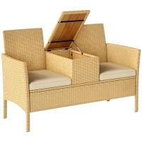 Outsunny Patio Sofa Wicker Loveseat with Built-in Flip-Top Coffee Table and Cushions for Balcony, Garden, Lawn, Backyard, Khaki(m-11)