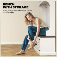 HOMCOM 3-in-1 Hall Tree with Shoe Storage, Coat Rack with Bench, Entryway Furniture with Five Hooks, White Wood Grain(m-6)