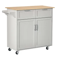 HOMCOM 41" Modern Rolling Kitchen Island on Wheels, Utility Cart Storage Trolley with Rubberwood Top & Drawers, Grey(m-1)
