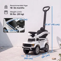 Qaba 3 In 1 Licensed Ford Kids Push Car with Push Handle, Horn, Sound, Secure Bar, Storage, for Toddlers 18-36 Months, White(m-3)
