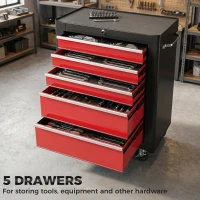 HOMCOM Lockable Tool Cabinet, 5-Drawer Rolling Tool Chest with 4 Universal Wheels, Black and Red(m-4)