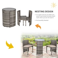Outsunny 3 PCS Outdoor Rattan Wicker Bistro Set with Storage Shelf, Glass Top Table, Soft Cushioned Chairs and Space Saving Design, Patio Conversation Set for Garden Backyard Porch, Grey(m-4)