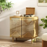 HOMCOM Handwoven Rope Accent Cabinet Boho Sideboard Buffet Cabinet with Push to Open Doors Adjustable Shelf Pine Wood Legs Oak(m-8)