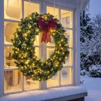 HOMCOM 48" Prelit Crestwood Spruce Artificial Christmas Wreath, Christmas Decor with Bow, 8 Modes, Red Berries, Pinecones(m-10)