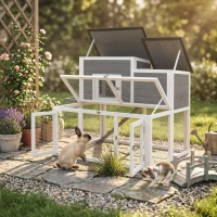 PawHut Wooden Rabbit Hutch, 2-Story Bunny Cage w/ Run, Waterproof & Openable Roof, Pull Out Tray and Ramp for 1-2 Rabbits(m-8)