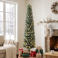 HOMCOM 6ft Pencil Prelit Christmas Tree, Dual Color LEDs, Flocked, Remote, Slim Xmas Tree with 11 Modes, Green White(m-10)