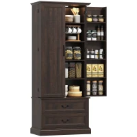 HOMCOM 72" LED Kitchen Pantry Cabinet, Buffet Storage Cabinet with 10 Door Shelves, 2 Drawers and Adjustable Shelves, Brown(m-9)