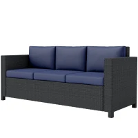 Outsunny Deluxe 3 Seat Rattan Wicker Sofa Garden Outdoor Patio Furniture with Cushion, Navy Blue(m-2)
