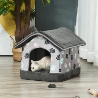 PawHut Heated Cat House Condo, Foldable Enclosed Pet House with Heating Pad for Cats or Small Dogs, Use for Indoor & Outdoor Paw Print Pattern(m-10)