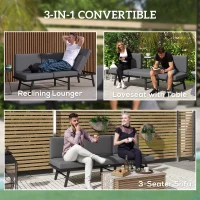 Outsunny 3-in-1 3-Seater Outdoor Sofa, Lounge Chair with 5-Position Adjustable Back, Patio Loveseat with Folding Table, Grey(m-4)