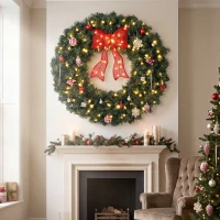 HOMCOM Artificial Xmas Wreath, 36 Inch Pre-Lit Christmas Wreath with 130 LED Lights, Lighted Bow and 21 Ornament Set, Green(m-1)