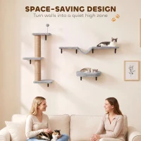 PawHut Cat Wall Shelves, 3-in-1 Wall-Mounted Cat Climber Set w/ Bed, Platforms, Hammock, Scratching Posts and Spring Ball(m-5)