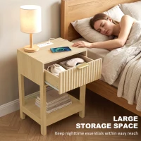 HOMCOM Modern Nightstand Set of 2, Slim Bedside Table with Drawer, Open Shelf and Built-in Charging for Bedroom, Oak(m-6)
