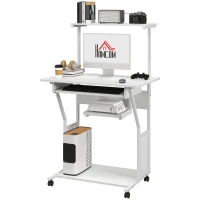 HOMCOM 32" Mobile Computer Table, Rolling Study Desk for Home Office with Keyboard Tray, Storage Shelves, Wheels, White(m-2)
