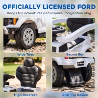 Qaba 3 In 1 Licensed Ford Kids Push Car with Push Handle, Horn, Sound, Secure Bar, Storage, for Toddlers 18-36 Months, White(m-7)