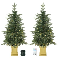 HOMCOM 4ft Prelit Christmas Tree with Dual-Color LEDs, Remote, Set of 2 Aspen Fir, Battery-Operated, 11 Modes, Decorative Pot(m-1)