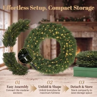HOMCOM Christmas Decoration, 48 in Pre-Lit Norfolk Pine Artificial Christmas Wreath with 150 LED Lights, Green(m-7)
