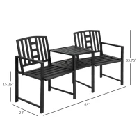 Outsunny Metal Garden Bench with Middle Table and Umbrella Hole, 2-in-1 Double Patio Chairs, Outdoor 2-person Tete-a-Tete, Slatted, Black(m-3)