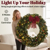 HOMCOM 48" Prelit Crestwood Spruce Artificial Christmas Wreath, Christmas Decor with Bow, 8 Modes, Red Berries, Pinecones(m-5)
