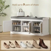 HOMCOM Shoe Storage Bench with Woven Rattan Doors, Shoe Bench with Cushion, Adjustable Shelves, Entryway Bench, White(m-6)