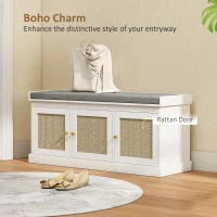 HOMCOM Shoe Storage Bench with Woven Rattan Doors, Shoe Bench with Cushion, Adjustable Shelves, Entryway Bench, White(m-4)