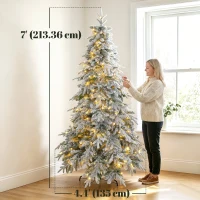 HOMCOM 7ft Prelit Flocked Christmas Tree, Downswept Hinged Xmas Tree with LED Lights, 8 Modes, Daily Timer, Remote(m-3)