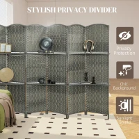 HOMCOM 6 FT Privacy Screen, 6 Panel Room Divider with Shelves for Living Room Bedroom Home Office, Grey(m-4)