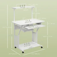 HOMCOM 32" Mobile Computer Table, Rolling Study Desk for Home Office with Keyboard Tray, Storage Shelves, Wheels, White(m-3)