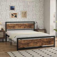 HOMCOM Queen Bed Frame with Headboard & Footboard, Strong Metal Slat Support Bed Frame w/ Underbed Storage Space, No Box Spring Needed, 63''x82''x40.5''(m-7)