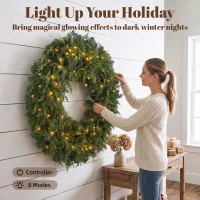 HOMCOM 48" Prelit Crestwood Spruce Artificial Christmas Wreath, Christmas Decor with Bow, LEDs, 8 Modes, Realistic Tips(m-5)