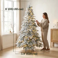 HOMCOM 6ft Prelit Flocked Christmas Tree, Downswept Hinged Xmas Tree with LED Lights, 8 Modes, Daily Timer, Remote(m-3)