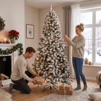 HOMCOM 7.5ft Flocked Prelit Christmas Tree, Northern Pine, Artificial Xmas Tree with Curved Tips, LEDs(m-9)