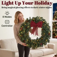 HOMCOM 36" Prelit Crestwood Spruce Artificial Christmas Wreath, Christmas Decor with Bow, 8 Modes, Red Berries, Pinecones(m-5)