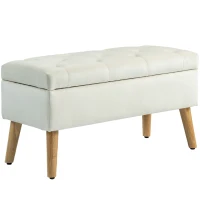 HOMCOM Storage Ottoman with Lid, Velvet Upholstered Storage Bench with Wood Legs for Living Room, Cream White(m-9)