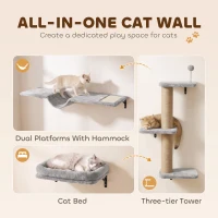 PawHut Cat Wall Shelves, 3-in-1 Wall-Mounted Cat Climber Set w/ Bed, Platforms, Hammock, Scratching Posts and Spring Ball(m-4)